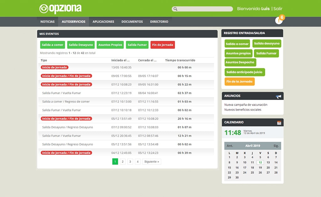 portal del empleado opziona rrhh control horario empleados